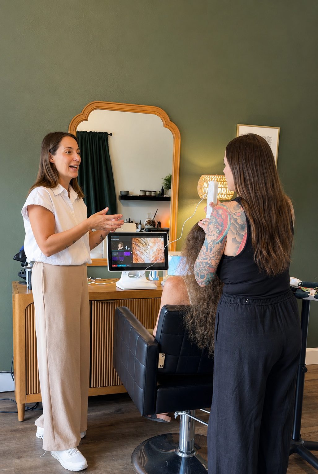 A woman with tattoos on her arm is sitting in a salon chair getting a hair treatment with a handheld device, while a stylist explains something to her in a salon with a green wall and a mirror. Training for scalp care