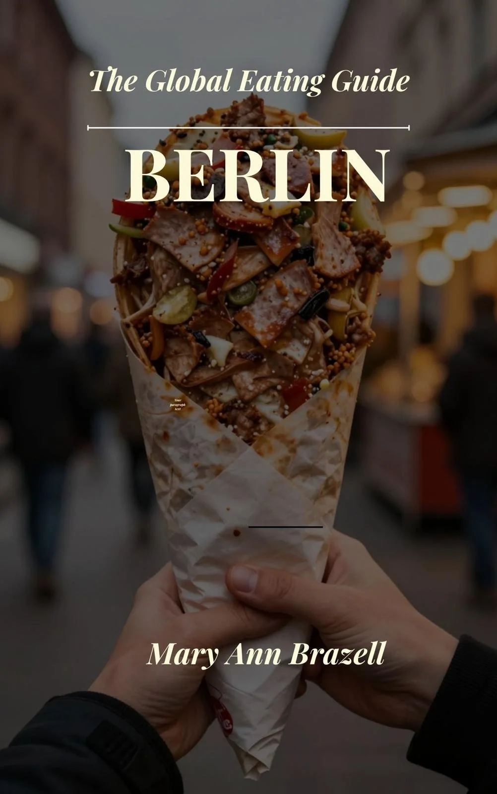 A person holding a paper cone filled with Asian stir-fried noodles, vegetables, and sauce, with a blurred urban street scene in the background.