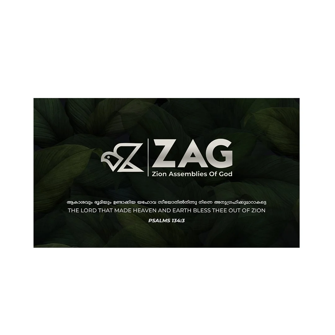 Zion Assemblies of God logo with a dove graphic, dark leafy background, and text quoting Psalms 134:3 about God's blessings.