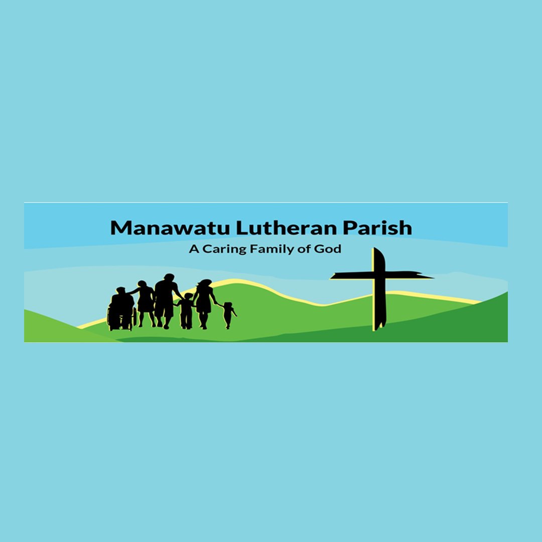 Logo for Manawatu Lutheran Parish featuring silhouettes of a family with a child, a cross, and rolling green hills on a blue background.