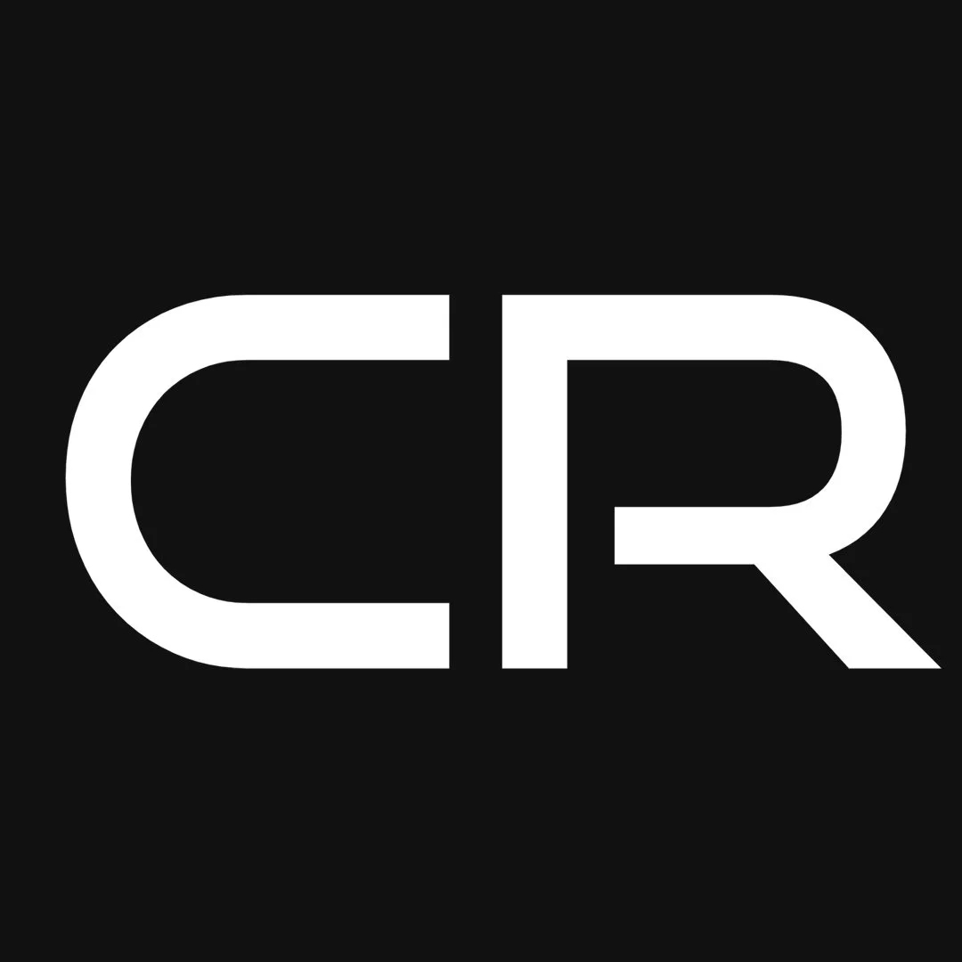 Black background with white stylized letters Q and R.