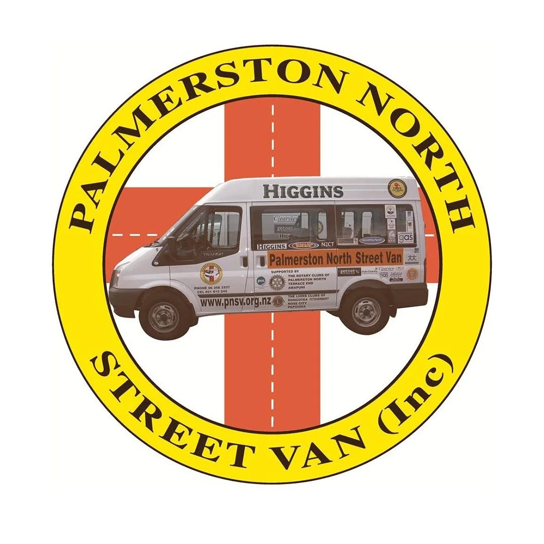 Logo for Palmerston North Street Van (Trc), featuring a white van with various stickers and logos inside a yellow circle with black text, and a red cross in the background.