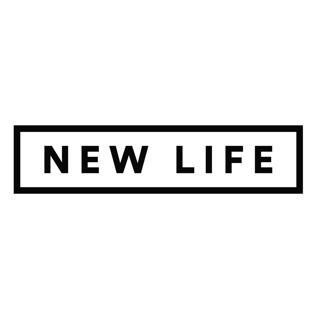 Black rectangular border with the words 'NEW LIFE' in bold black font inside.