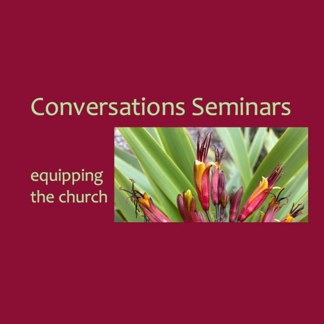 Cover of a seminar brochure titled 'Conversations Seminars' with the subtitle 'equipping the church'. The background is maroon with a photo of green leaves and pinkish-red flowers.
