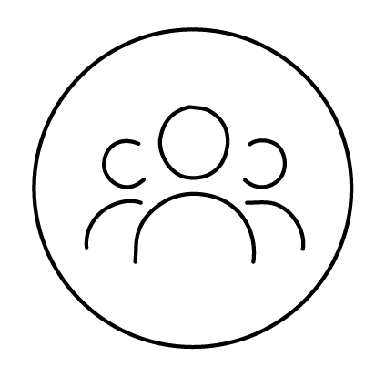 A black line drawing of a person with a large oval head and a small body, wearing a hoodie, sitting at a desk, working on a laptop, with a coffee cup nearby.