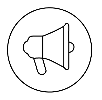 Line drawing of a loudspeaker inside a circle.