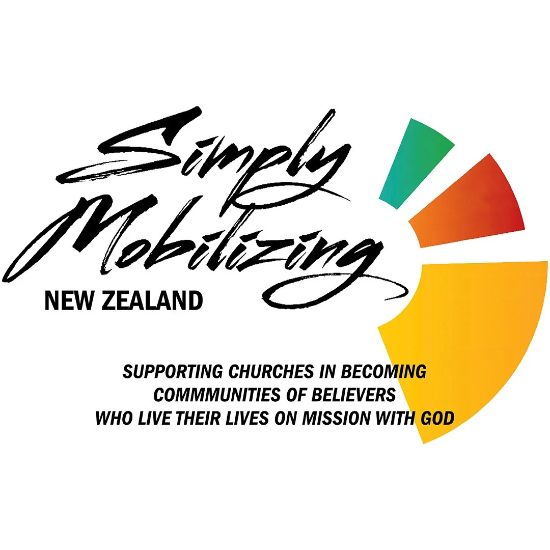 Logo for Simply Motivating New Zealand featuring colorful semicircles and text about supporting churches and communities of believers living on mission with God.