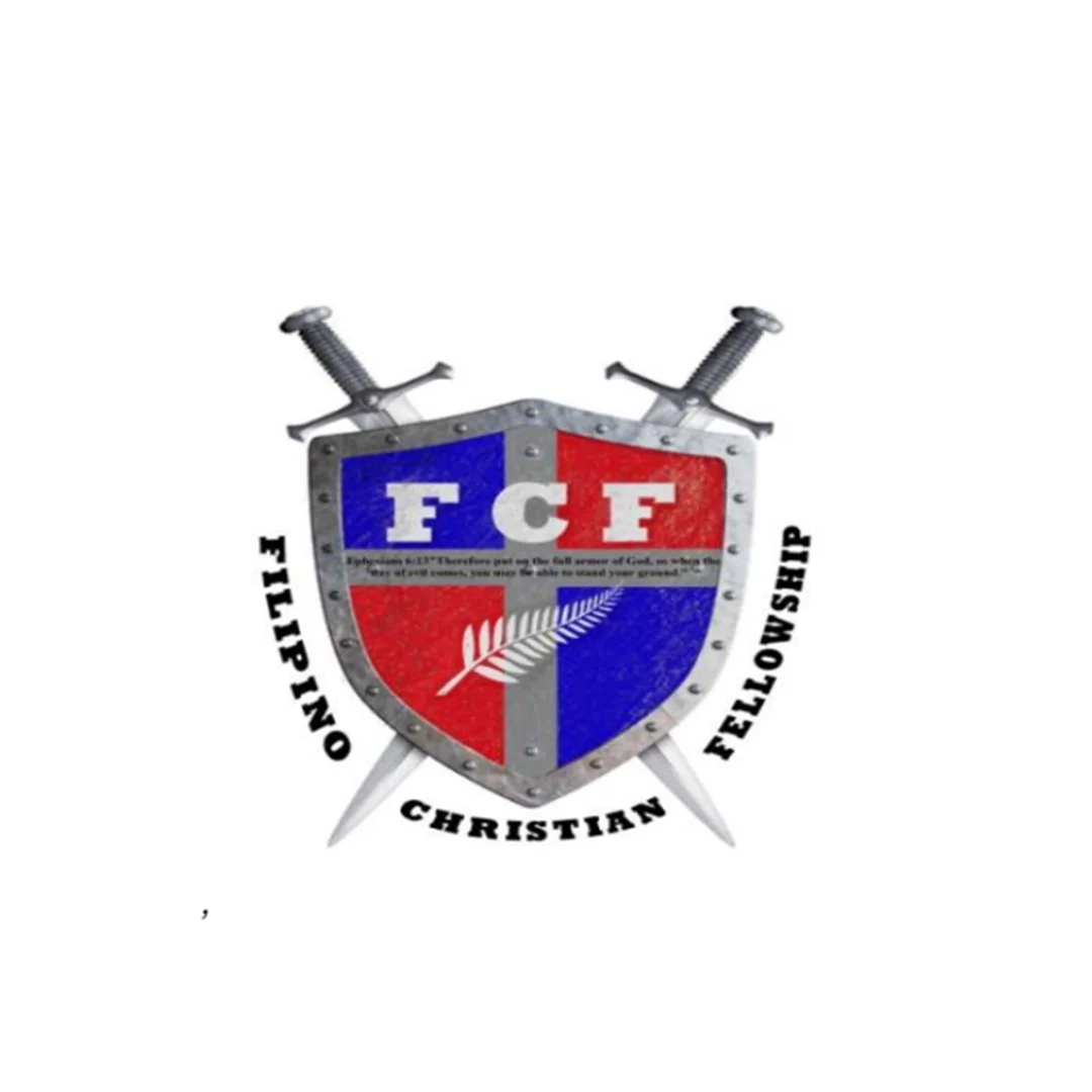 Christian emblem with a shield divided into blue and red sections, with the letters 'FCF' and a white fern, two swords crossed behind the shield, and the words 'One Life, Christian Fellowship' around it.