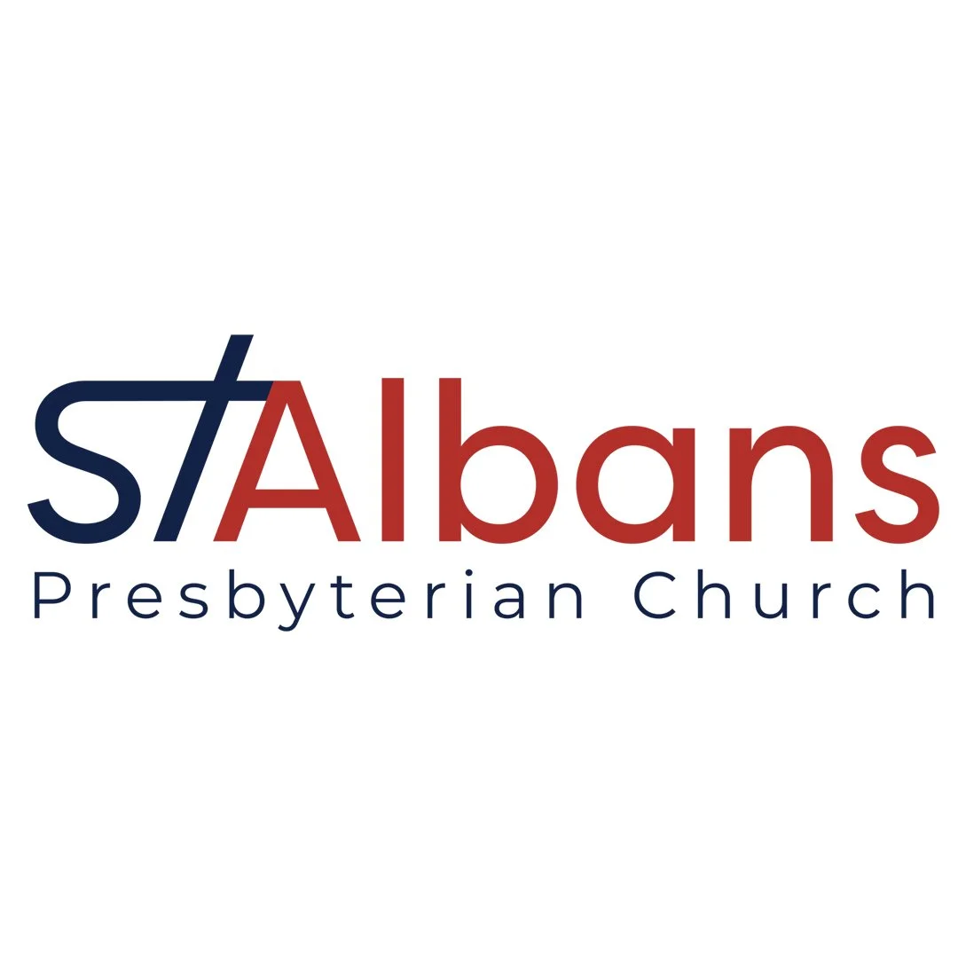 Logo for St. Albans Presbyterian Church with stylized 'st' and 'A' in blue and red.