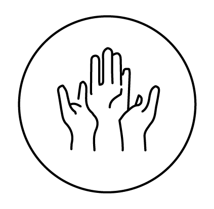 Outline drawing of six hands raised inside a circle.