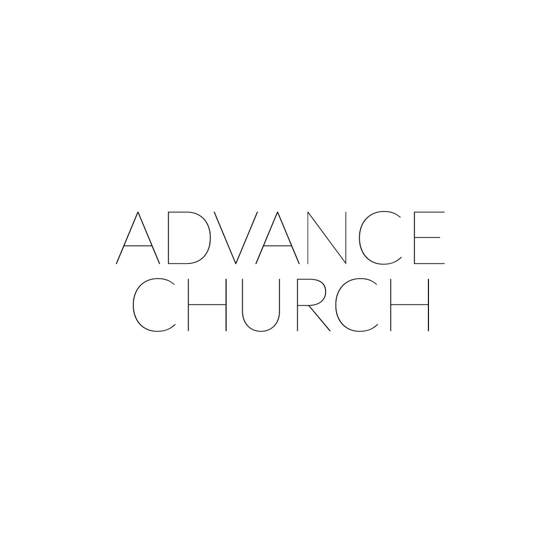 Logo of Advance Church in thin black outline text on a white background.