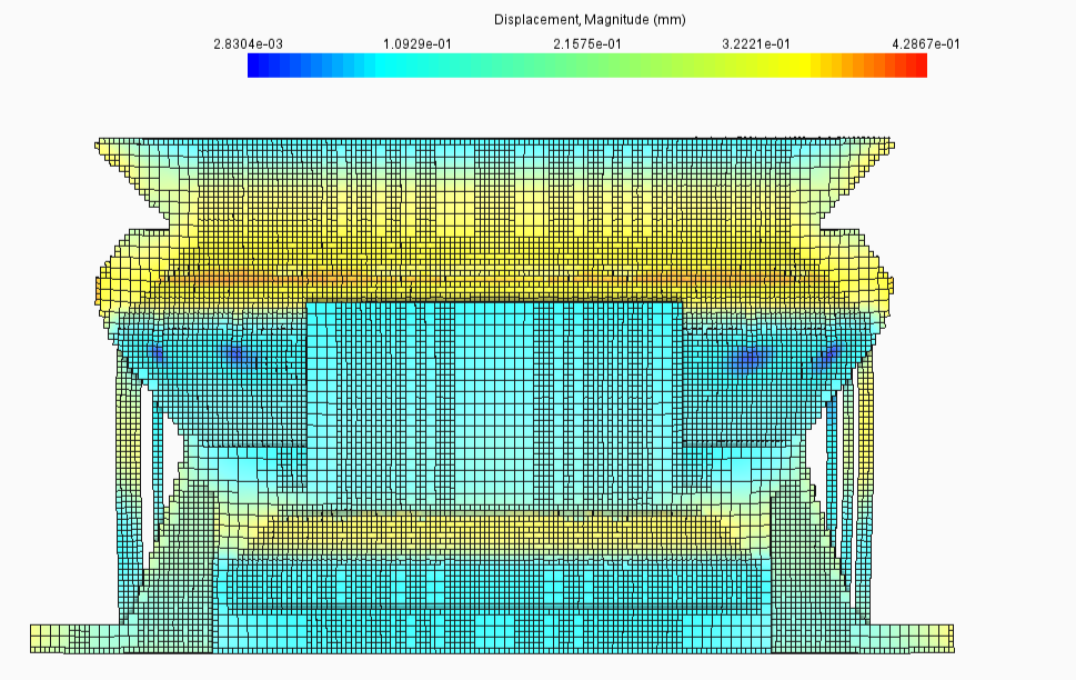 Netfabb simulation showing significant displacement under the top inner ring of the part. Supports were added to fix this.