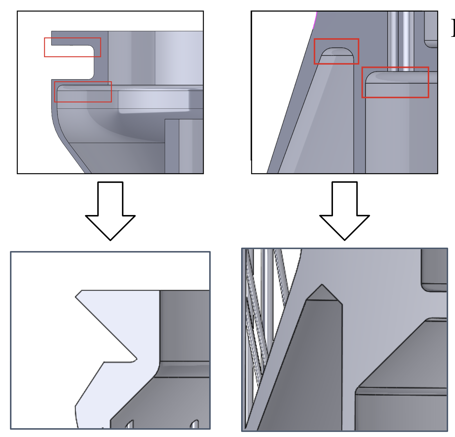 Changes to part to make overhangs self-supporting by maintaing a 40-45 degree angle