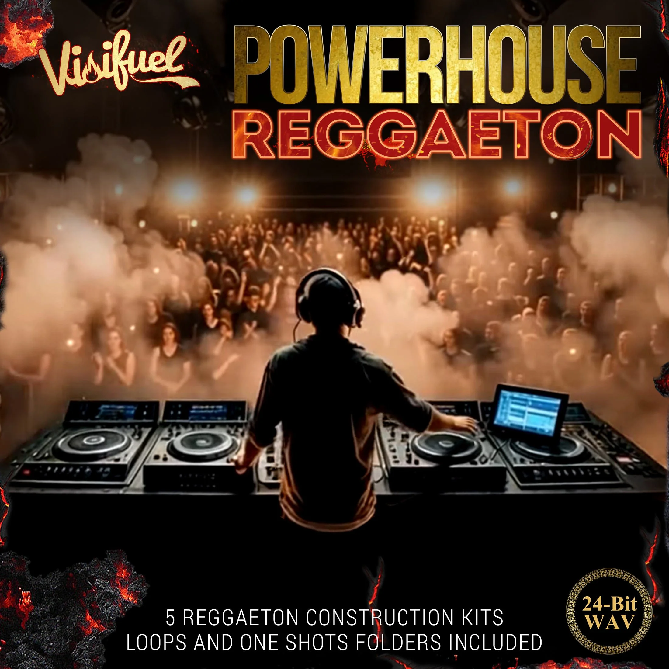 Concert scene with a DJ in front of a crowd at a nighttime event with smoke and stage lights. The image has text promoting a 'Powerhouse Reggaeton' music package, mentioning 5 reggaeton construction kits, loops, and one shot folders, with a 24-bit WAV format.