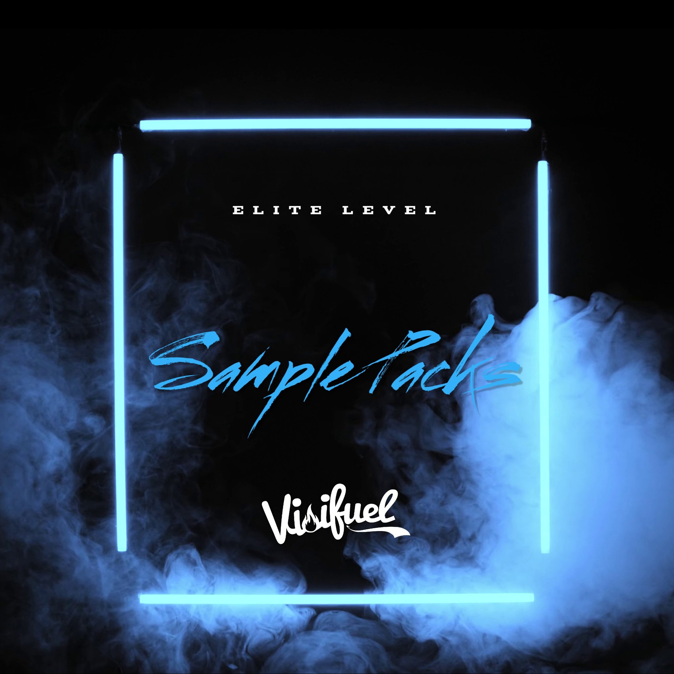Neon blue bars with smoke and the text 'Sample Tag' and 'Vasifuel' in stylized fonts on a black background.