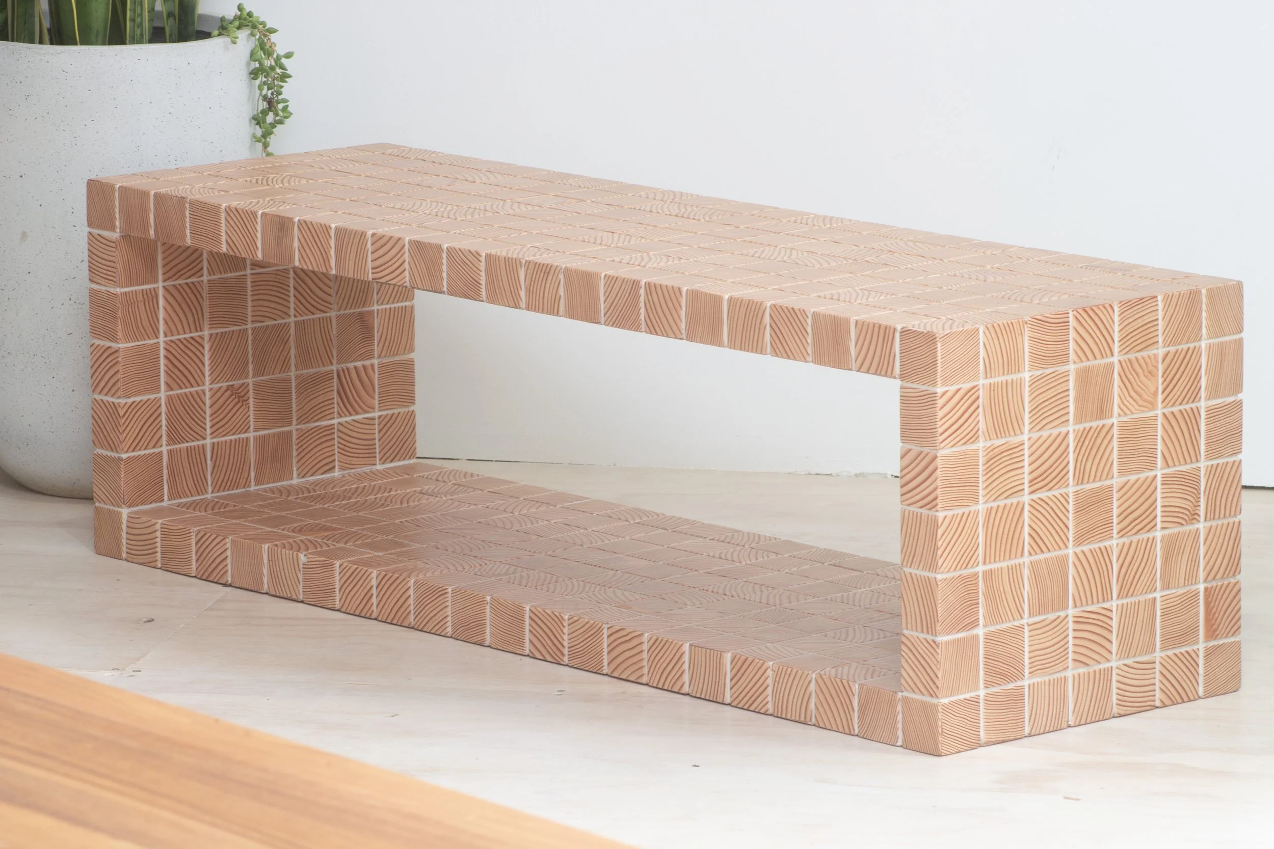 Bench made from wood endgrain tiles for modern interiors.