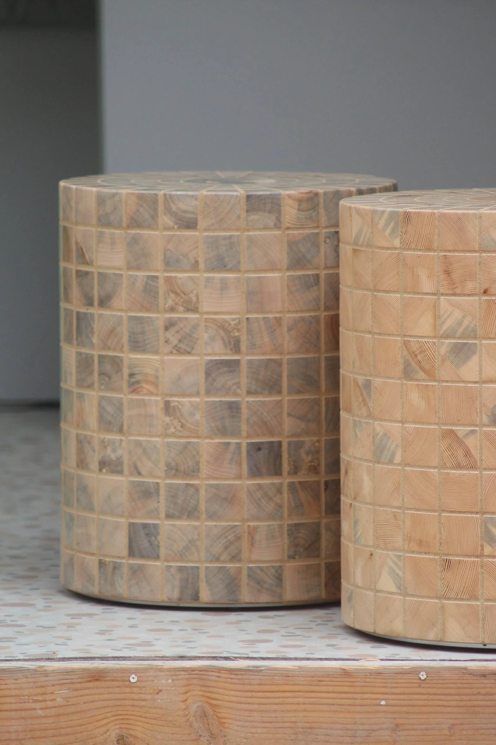 Nightstands made from wood endgrain tiles.
