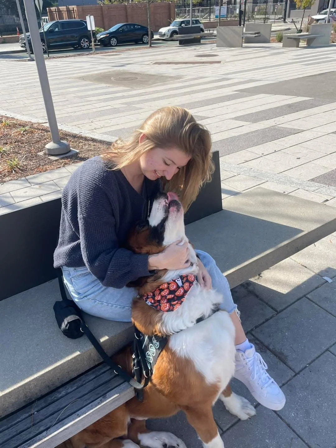 Skylar, Pet Groomer at Tails and Ales in Hickory, NC, sits on a bench and smiles down toward her large mixed breed brown and white dog who looks back up at her and tries to lick her face.