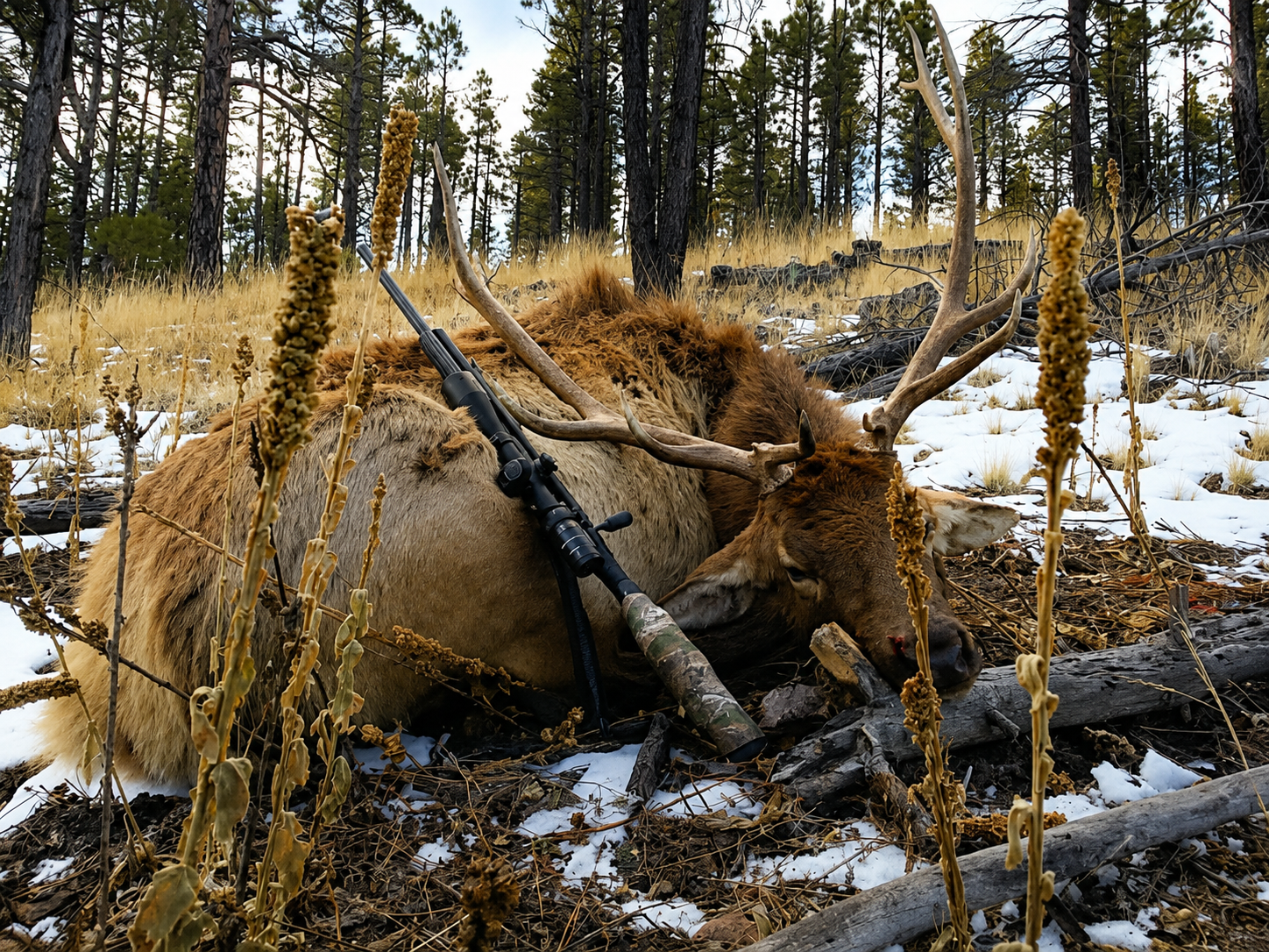A dead elk with large antlers lying on the ground in a forested area with snow and dried plants, a rifle resting on it.
