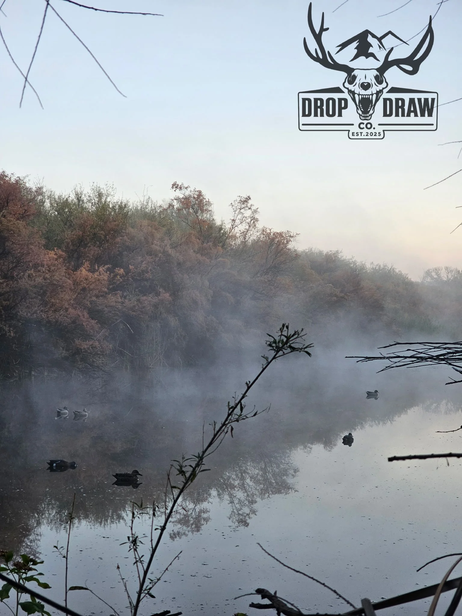 A serene lake scene with ducks swimming on the water, surrounded by trees with autumn-colored leaves and mist in the air. In the background, mountains and a clear sky are visible. There is a logo with a mountain, deer skull, and text that reads 'Drop