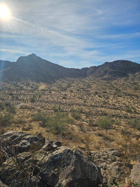 Desert landscape with mountains, sparse vegetation, and a blue sky with wispy clouds.