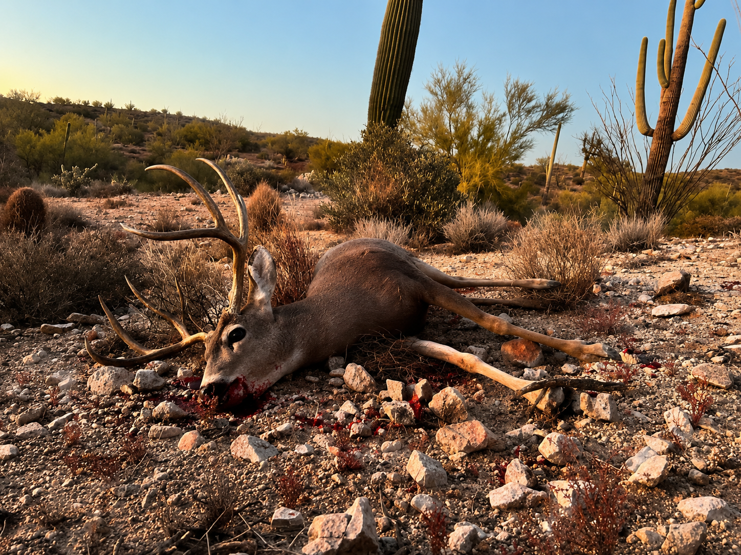Dead deer with large antlers lying on rocky desert ground with cacti and shrubs in the background.