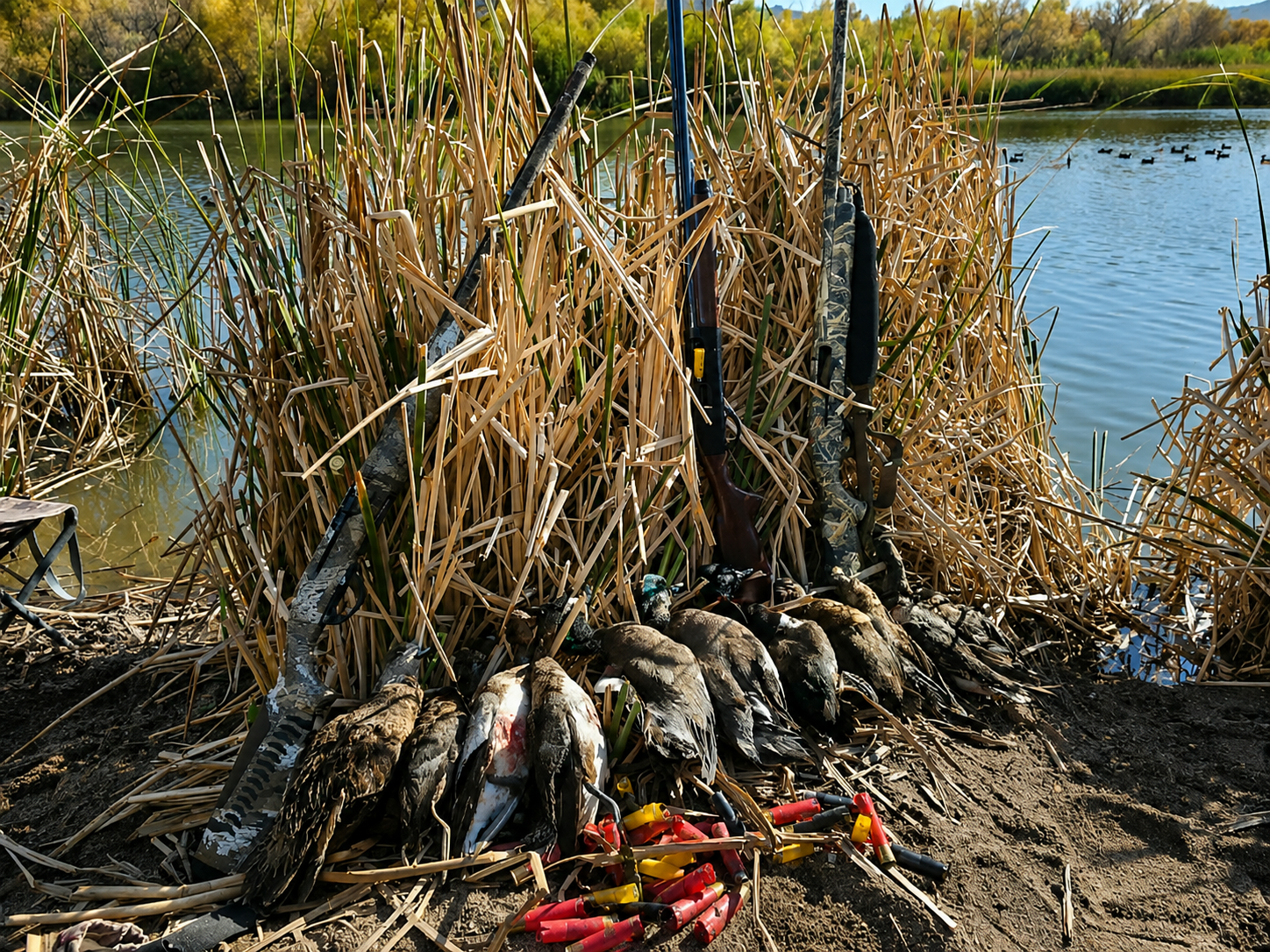 Decoys and hunting rifles resting among tall dry reeds at the water's edge during a hunting outing.