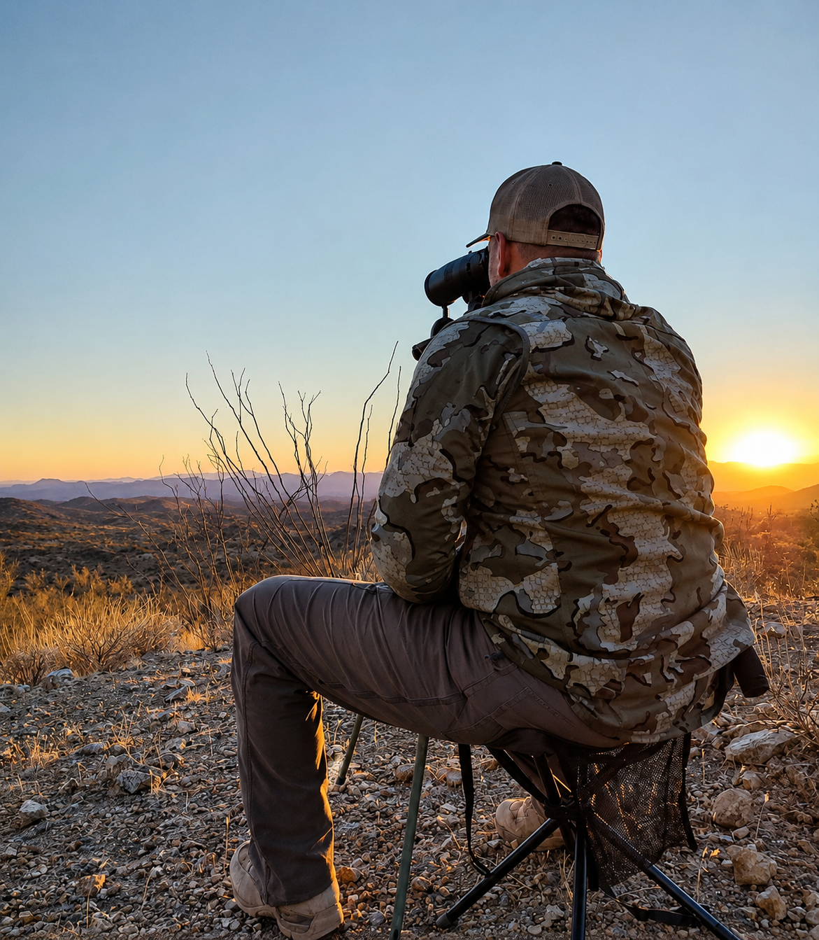 Person in camouflage jacket and cap sitting on a portable chair, looking through binoculars at sunset in a desert landscape with dry shrubs and rocky ground.