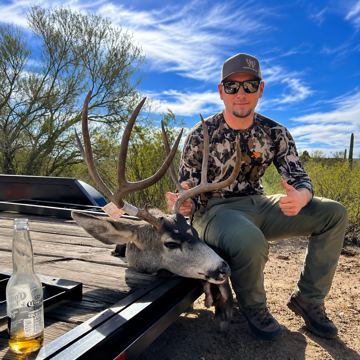 A man in camouflage clothing wearing sunglasses and a cap poses next to a freshly hunted deer with large antlers, lying on a wooden platform outdoors with desert vegetation and blue sky in the background.