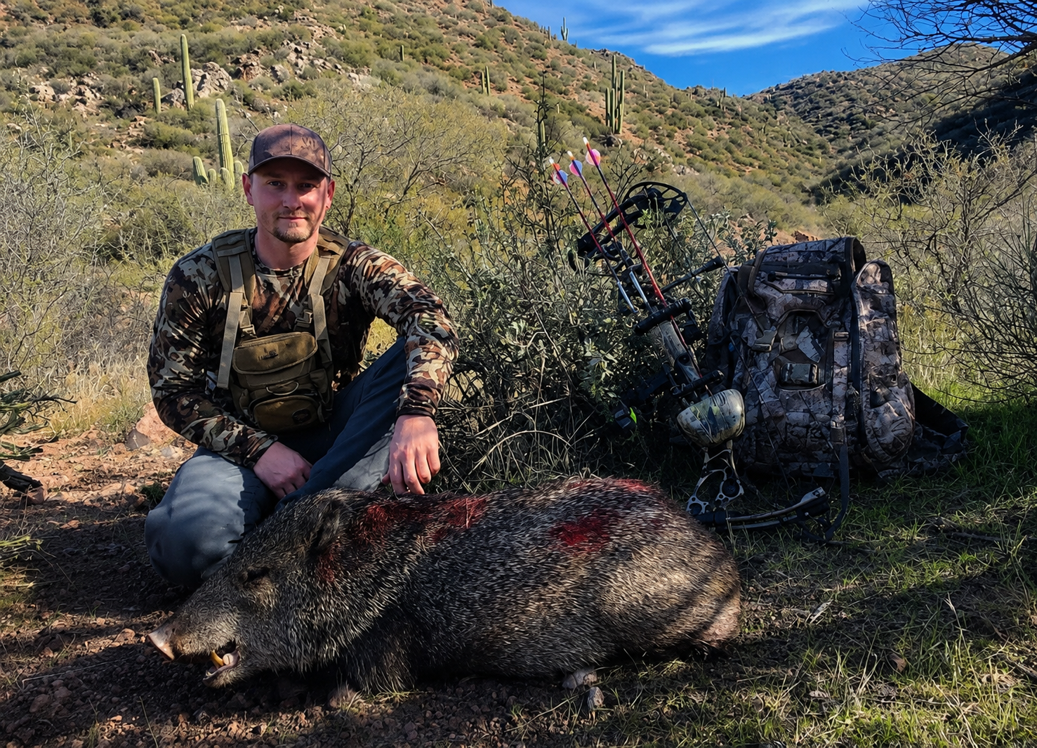 A man in camouflage clothing kneels next to a large wild boar he has hunted, with blood on its back. The scene is set in a desert landscape with cacti and mountains in the background. There is hunting equipment, including a bow and a camouflage backp