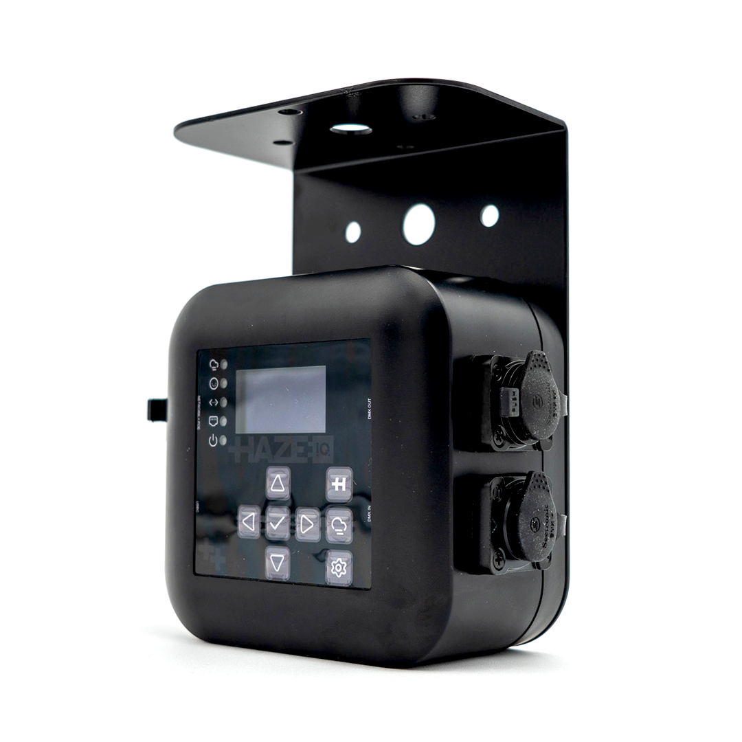 A HazeiQ sensor/controller unit with Ethercon, and DMX Ports on the sides with a display and keypad on the front.