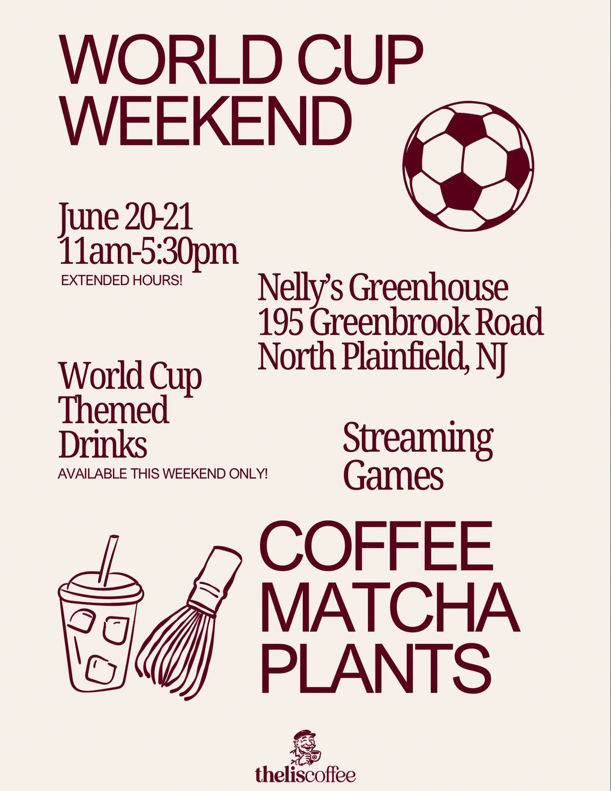 Happy World Cup Day! June 20-21st only we will be hosting a two day Coffee/Matcha/Plants pop-up featuring World Cup inspired flavors. Business hours will be extended both days. Drop by to get yourself a coffee, matcha or Father&rsquo;s Day plant 🪴We