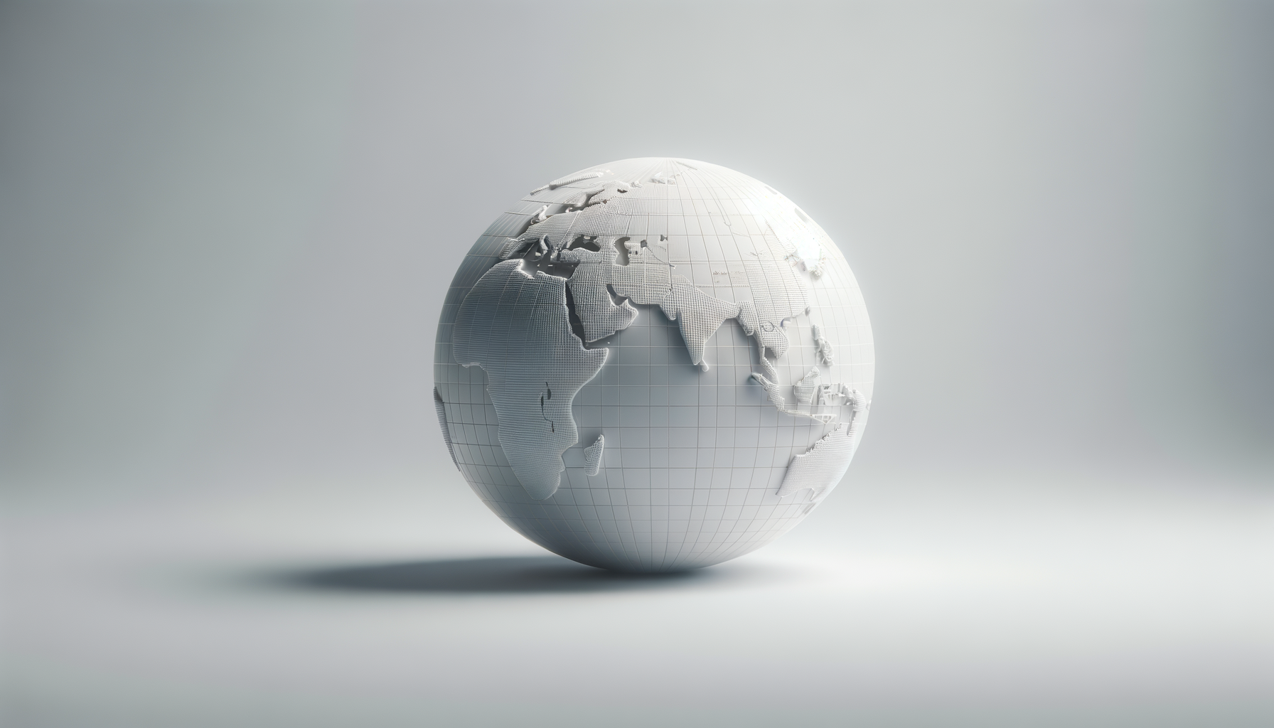 A digital 3D model of a globe with raised continents, presented in white and gray tones, on a plain light background.