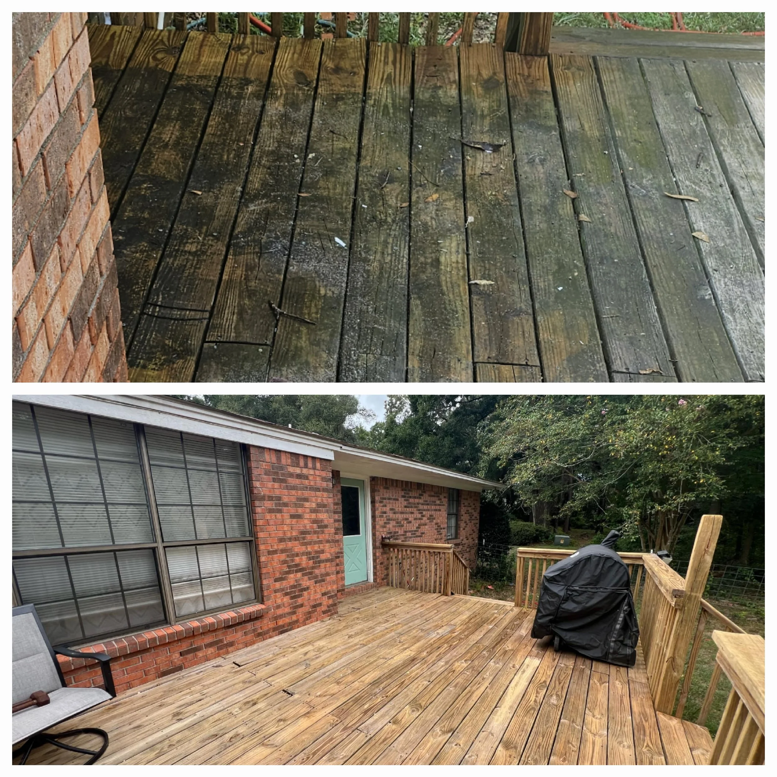 A backyard deck with new wooden flooring, a grill covered with a black cover, a white patio chair, and a brick house with large windows.