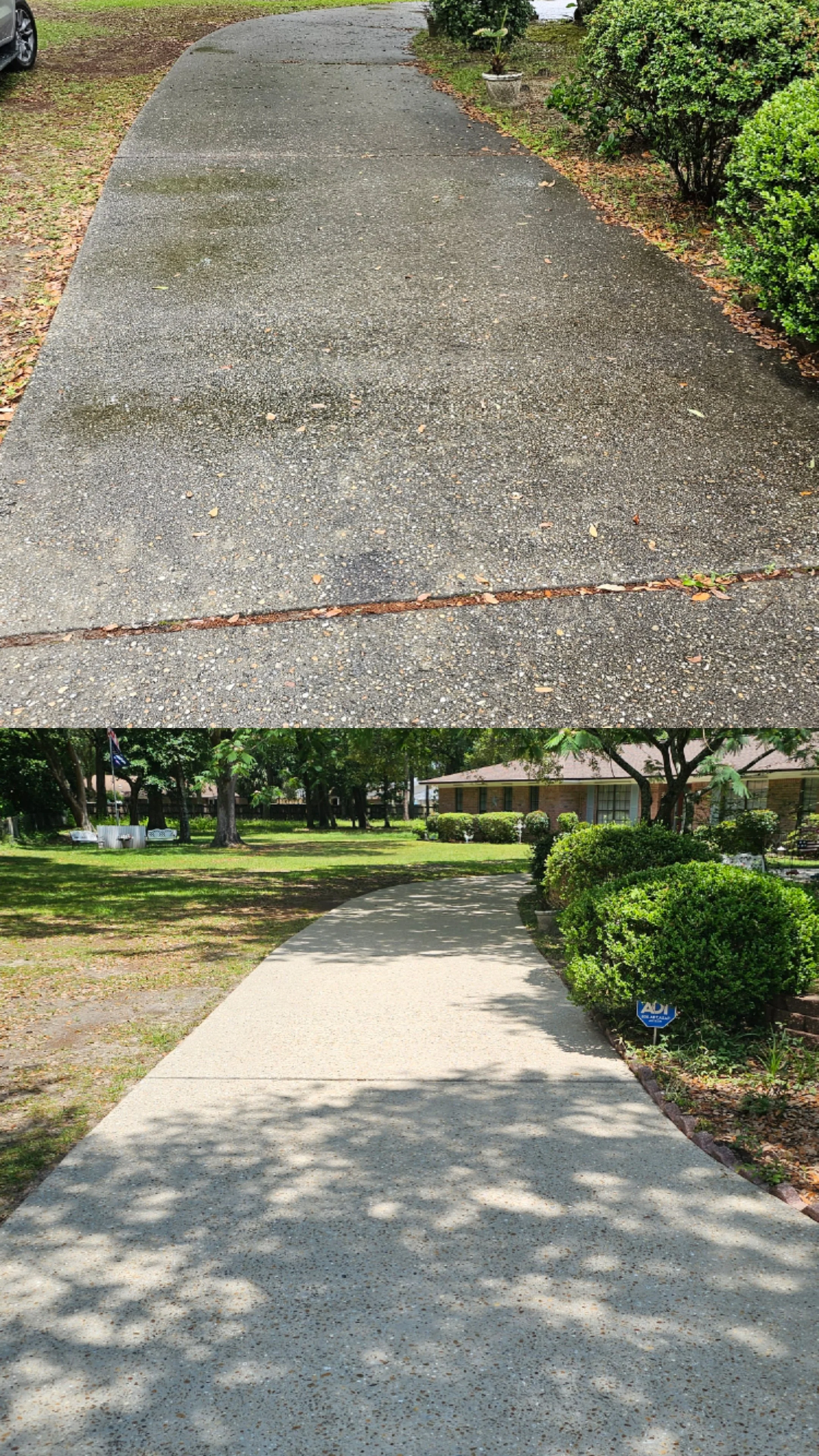 Comparison of before and after cleaning of a sidewalk and driveway, showing a clean, light-colored sidewalk in the after shot and a darker, dirty sidewalk in the before shot.