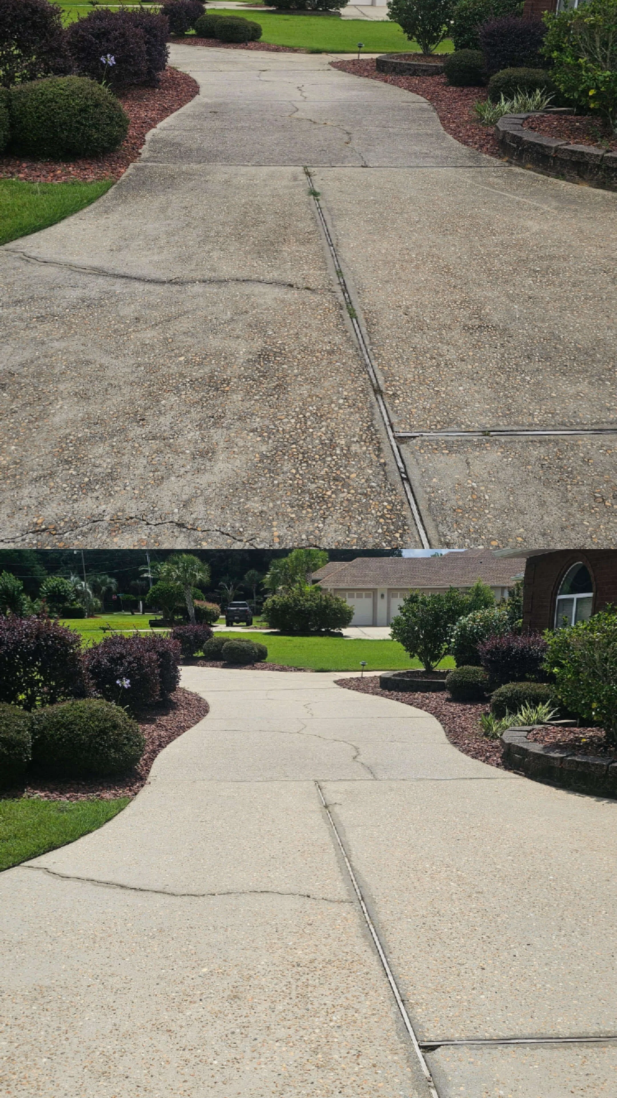 Comparison of before and after cleaning of a sidewalk and driveway, showing a clean, light-colored sidewalk in the after shot and a darker, dirty sidewalk in the before shot.