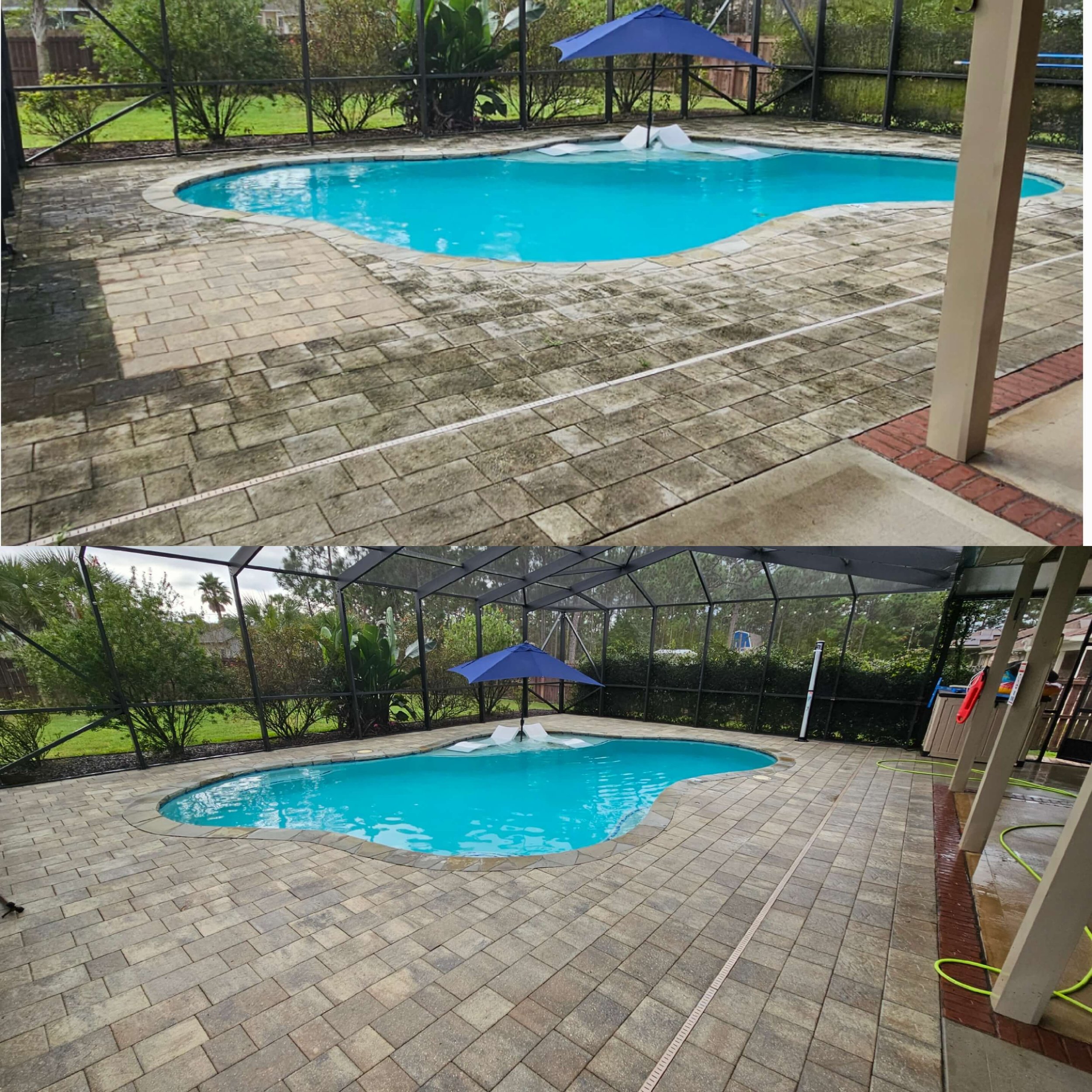 Before and after pool deck pressure washing and paver cleaning services in Pensacola, FL.