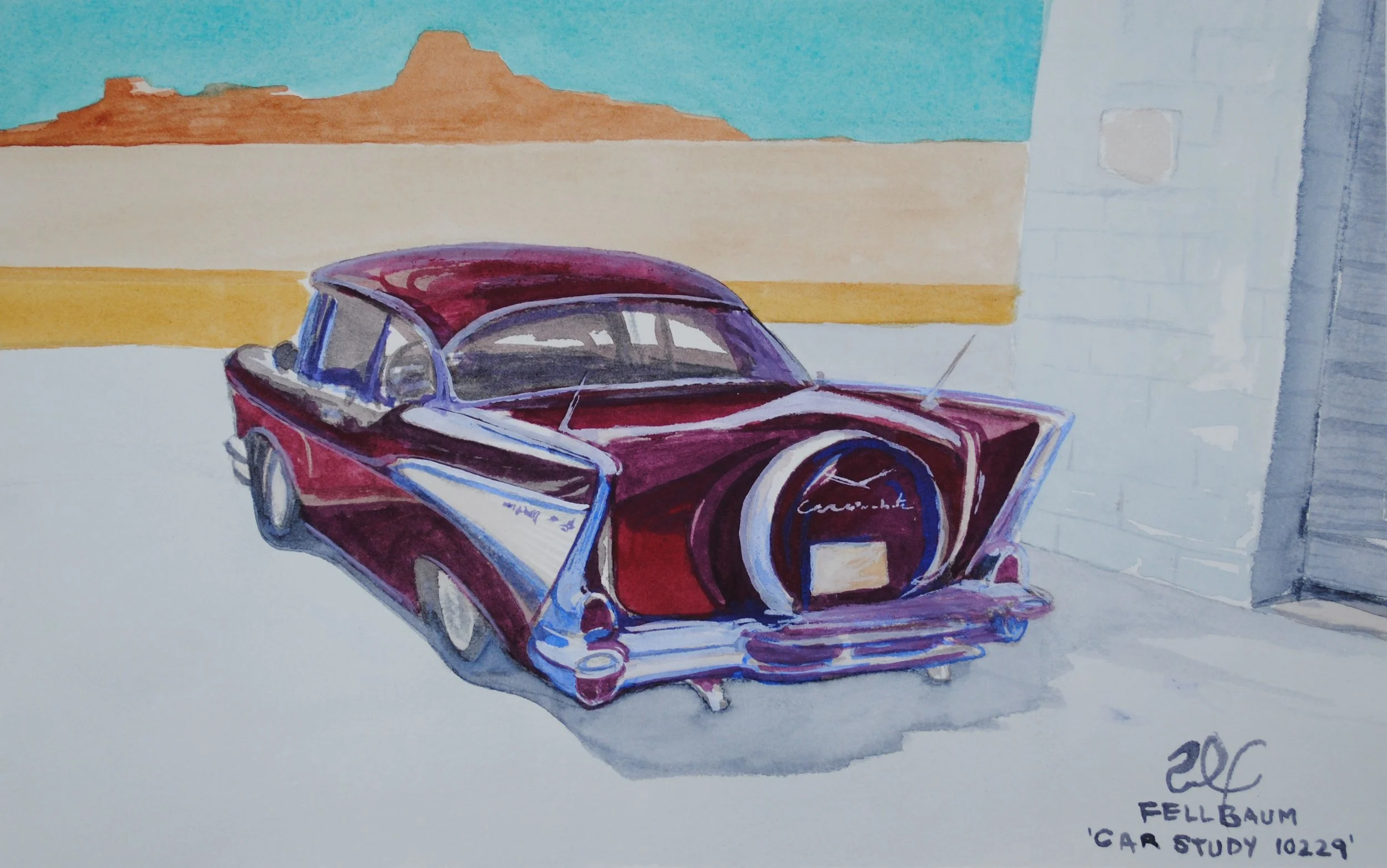 A watercolor painting of a vintage red car against a backdrop of a desert landscape with mesas and a blue sky. The artist's signature and notes about the artwork are in the bottom right corner.