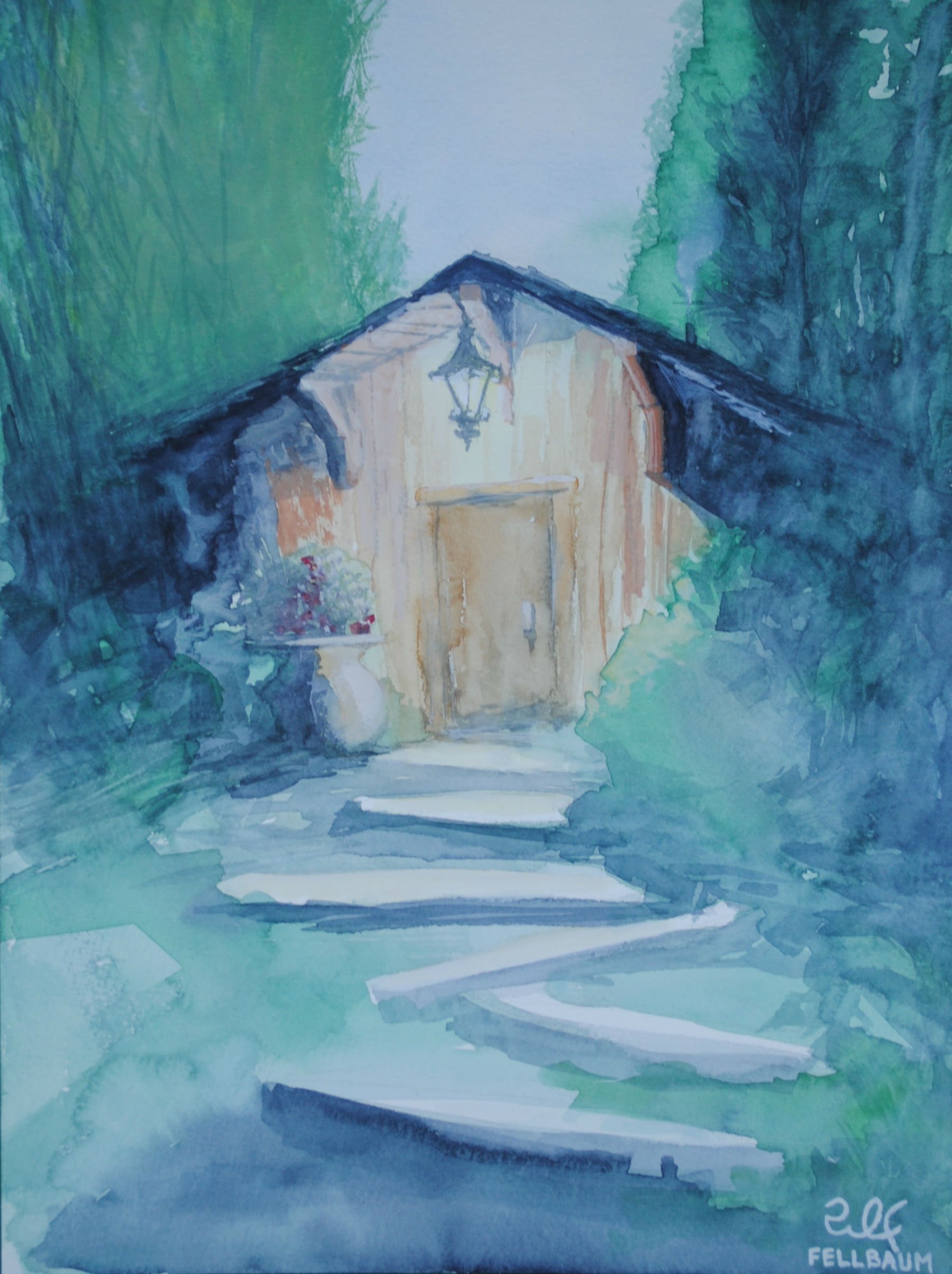 Watercolor painting of a small, light-colored building with a black roof, set among trees with green foliage, and a pathway leading up to it.