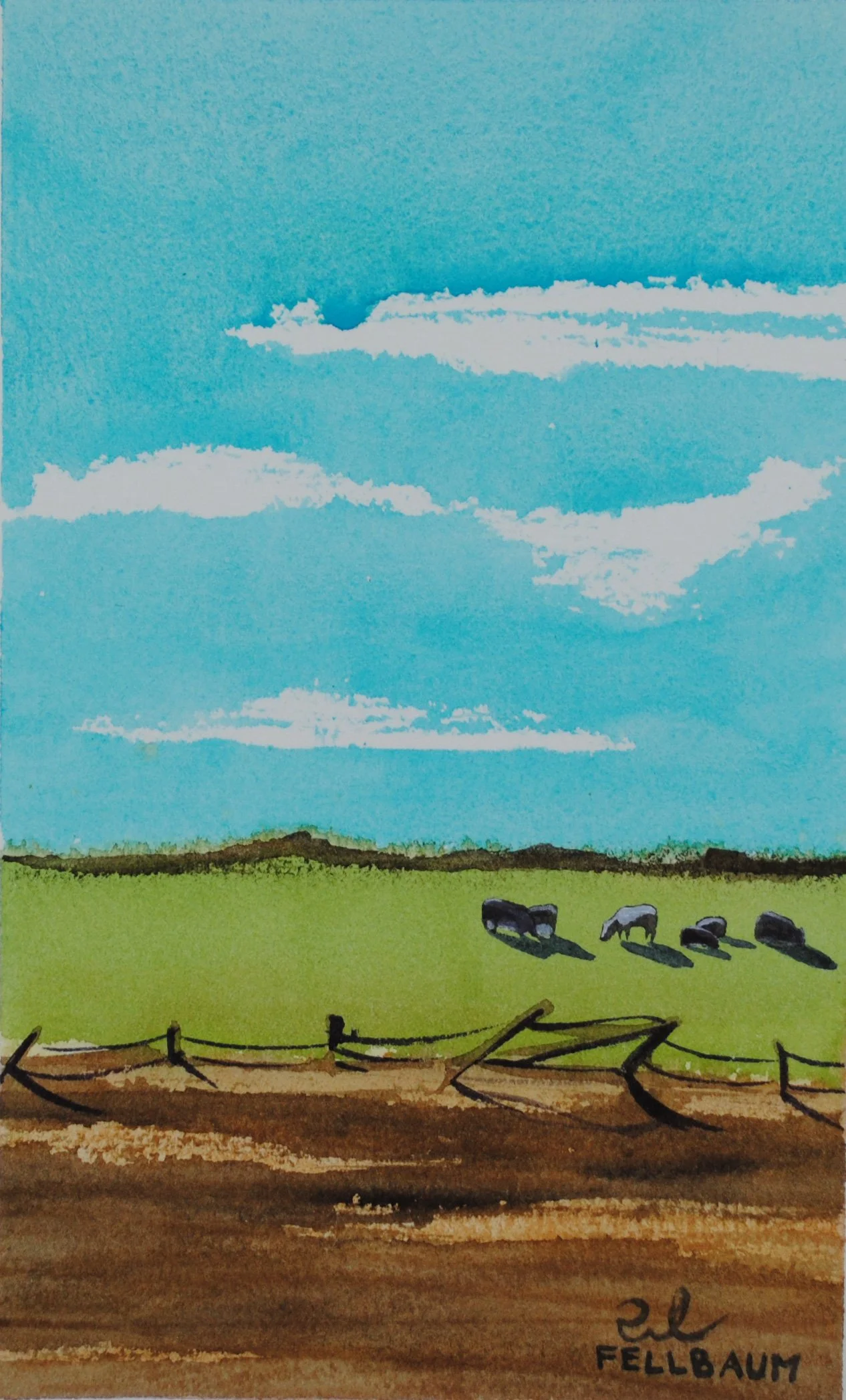 Watercolor painting of a blue sky with scattered clouds over a green field with cows grazing and a wooden fence in the foreground.