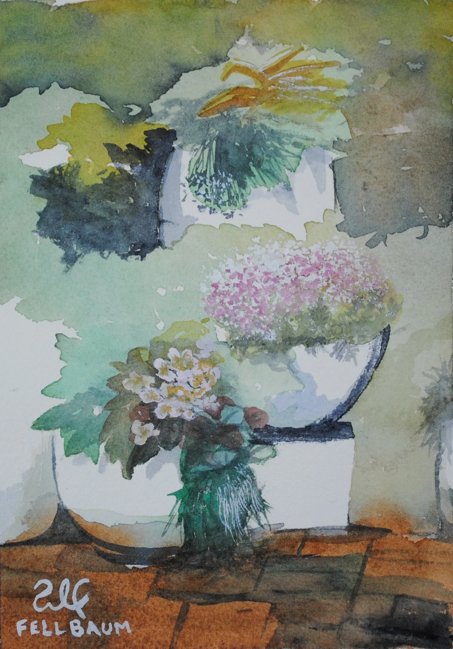 A watercolor painting of a potted plant with green and yellow leaves arranged in a tiered, circular ceramic pot on a brick floor. The background is greenish and abstract, with the artist's signature and the phrase 'Fellbaum' in the lower left corner.