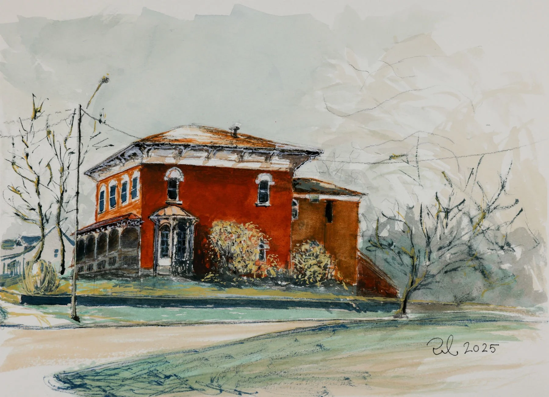Watercolor painting of a red brick house with arched windows and a porch, surrounded by leafless trees and bushes, under a cloudy sky.