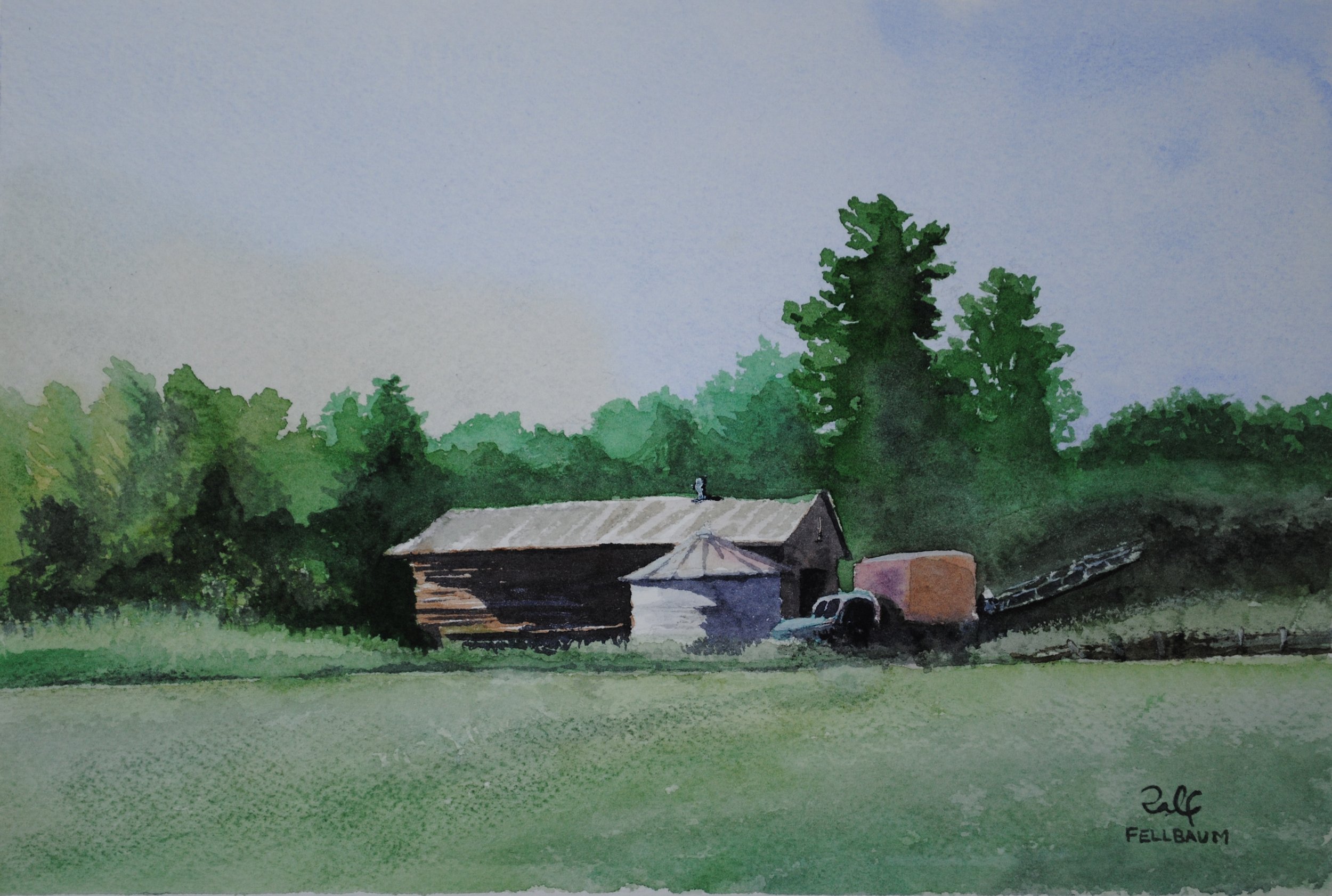 Watercolor painting of rural scene with barn, trees, and a clear sky.
