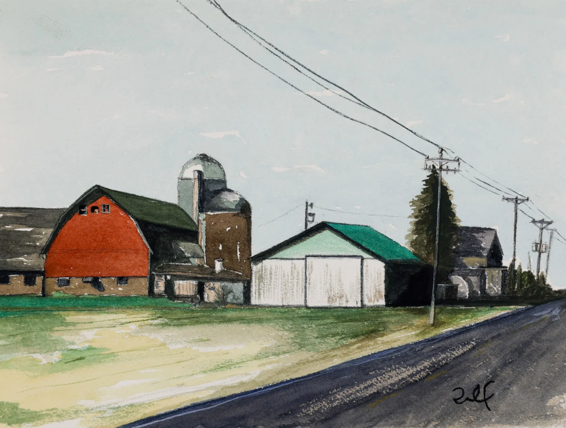 Watercolor painting of rural buildings, including a red barn, a grain silo, and farm structures, with a row of utility poles and power lines in the foreground, and a partly cloudy sky in the background.