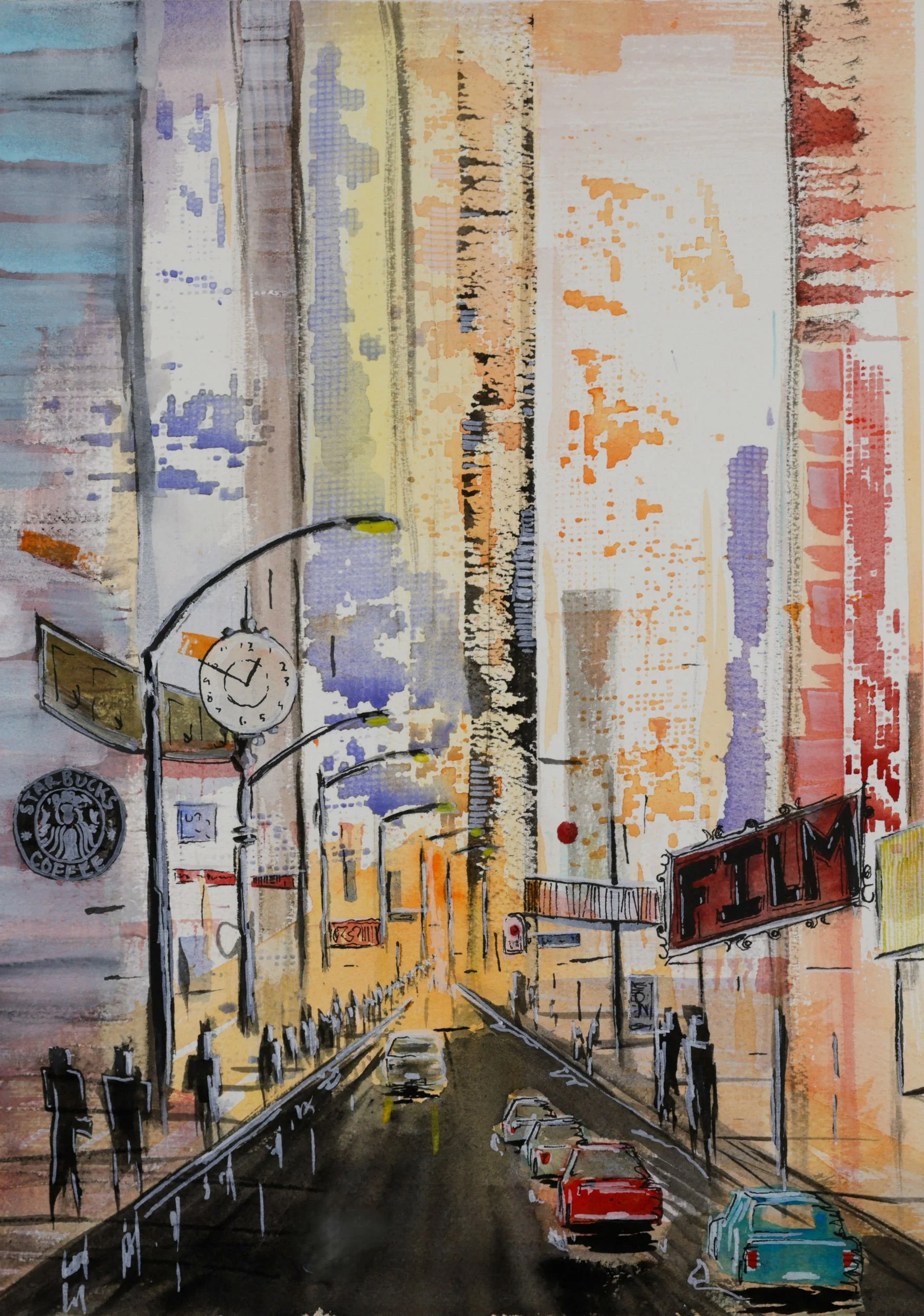 A city street scene watercolor painting showing a road with cars, traffic signals, streetlights, billboards, and buildings in the background during sunset or sunrise.