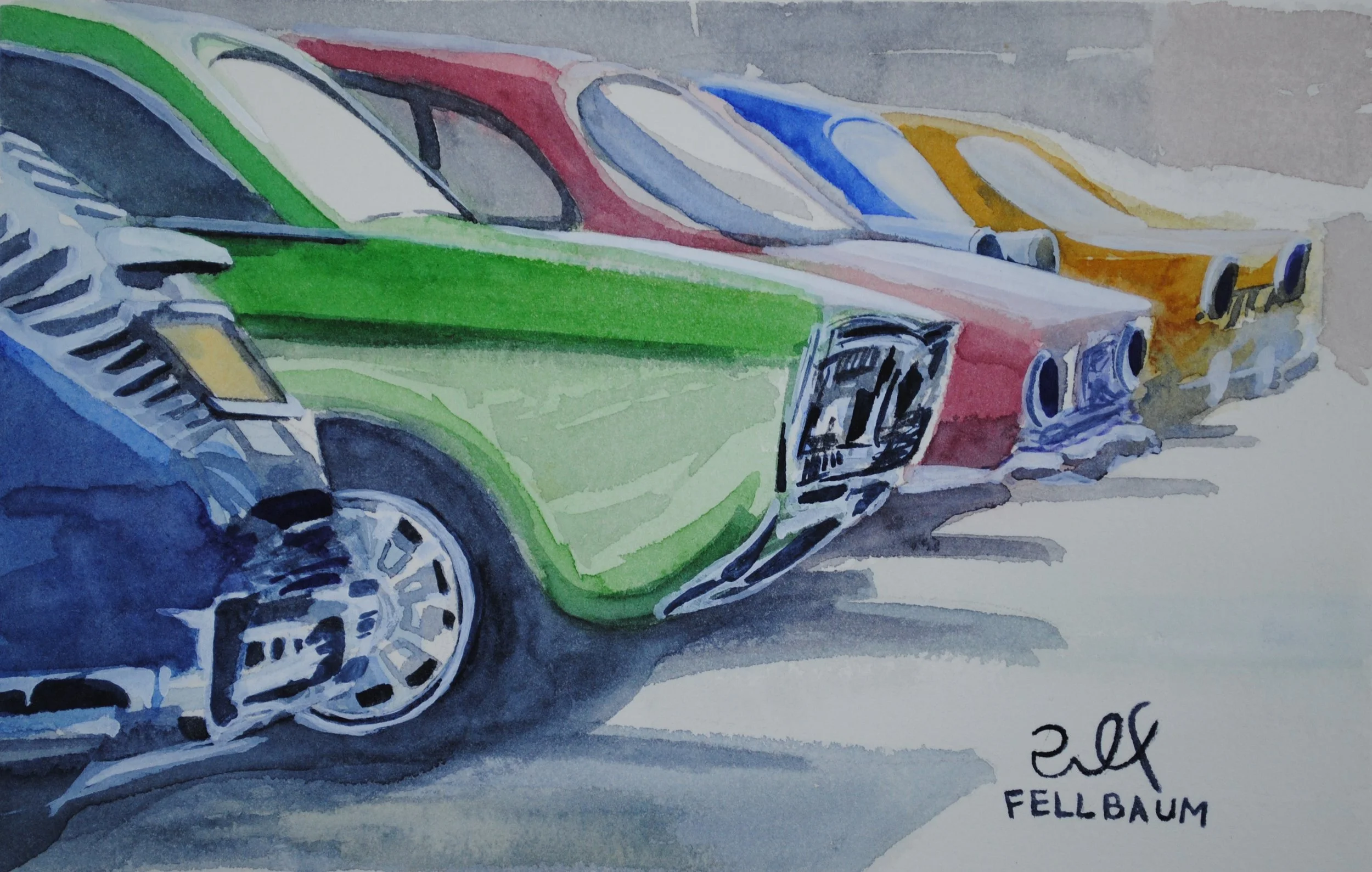 Watercolor painting of colorful cars parked in a row, with a signature and the name 'Fellbaum' at the bottom.