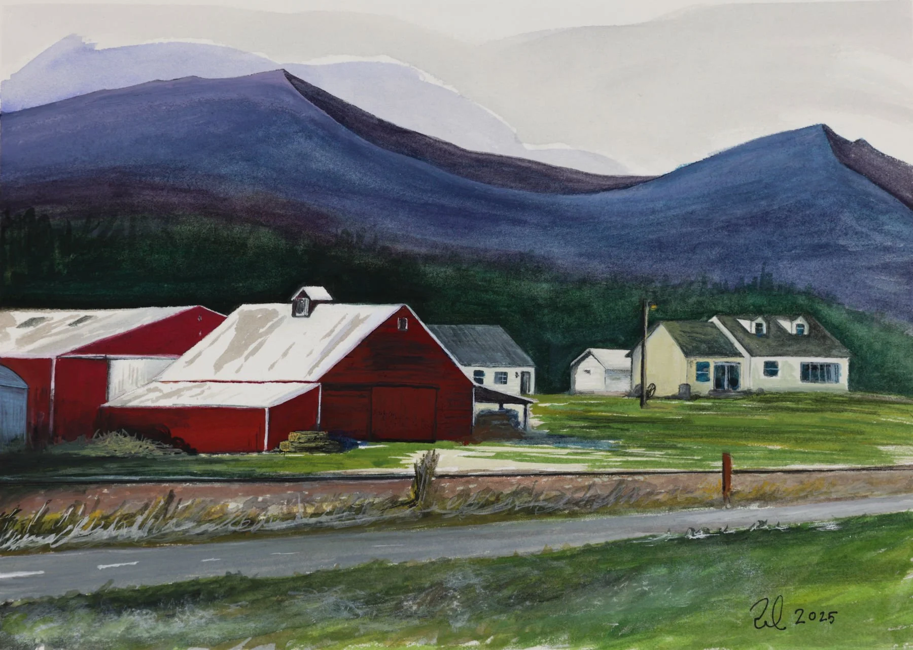 Watercolor painting of a rural scene with red and white barns, a yellow house, and mountains in the background under a cloudy sky.