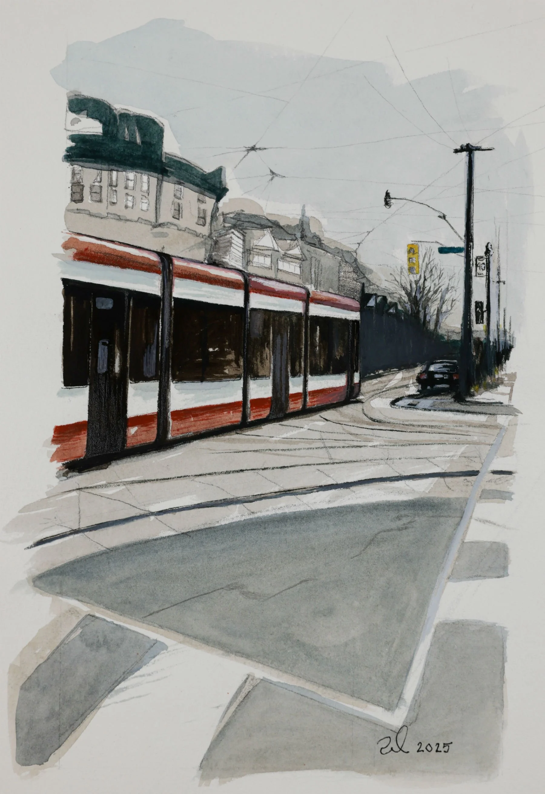 Watercolor painting depicting a street scene with a tram, cars, power lines, and buildings, signed and dated 2025.