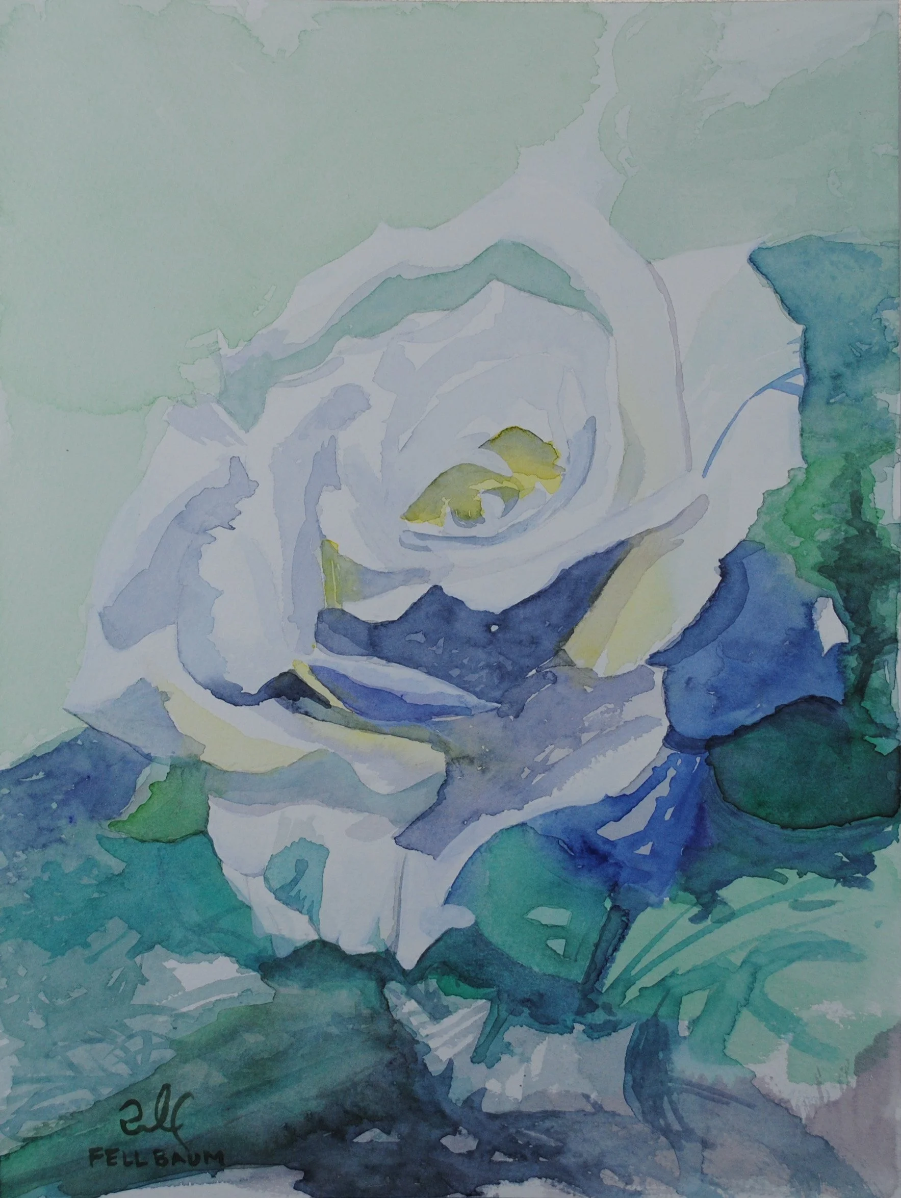 Watercolor painting of a white rose with green leaves on a blue and green background.