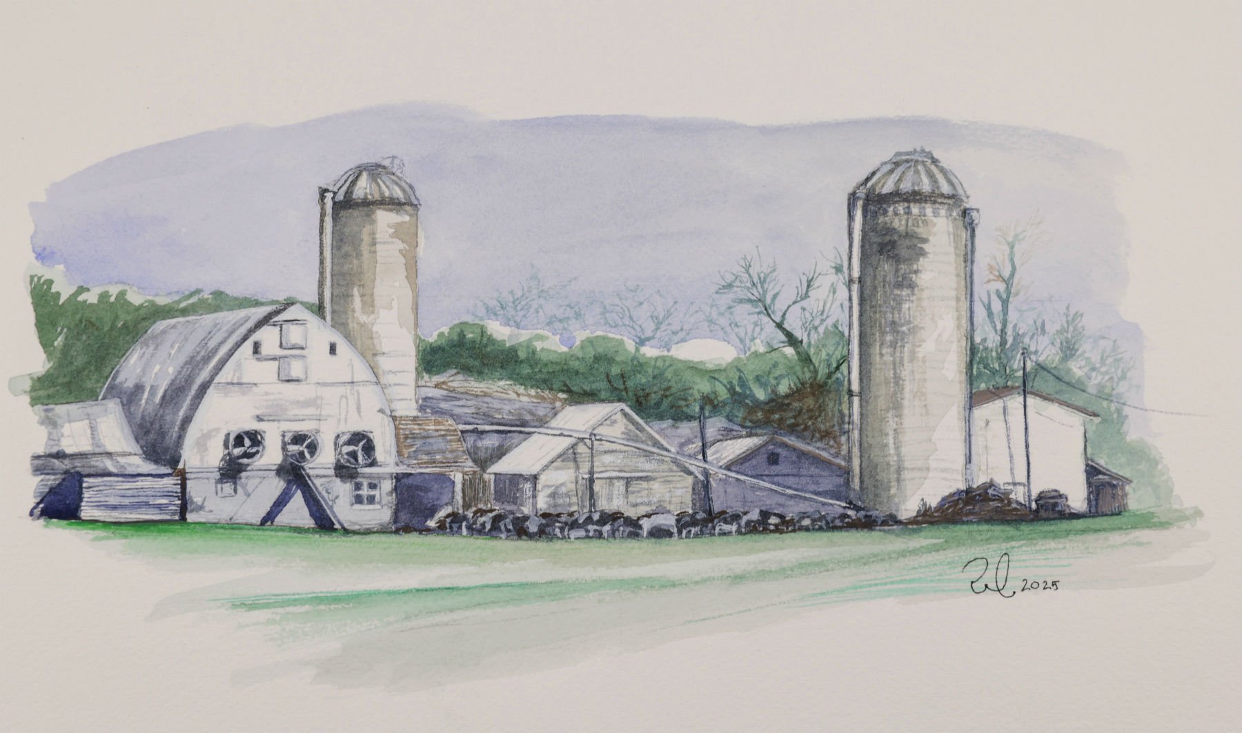 Watercolor painting of a farm with a barn, two silos, trees, rocks, and a pasture, signed 'RL 2025'.